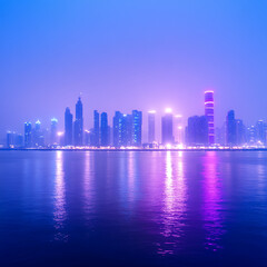 Fototapeta premium Cityscape Lights Reflected on Water at Night with Tower Featuring Pink Neon Stripes Illumination