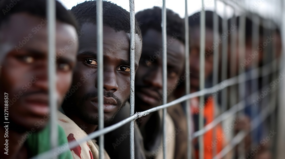 Aufkleber close up portrait of men behind bars highlighting the struggle for freedom in a distressed environme