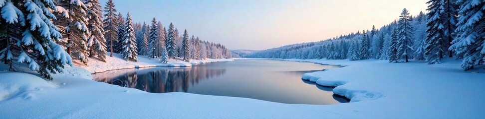 Frozen lake in snowy forest with snow-covered trees, Snowy trees, Nature, Frozen water