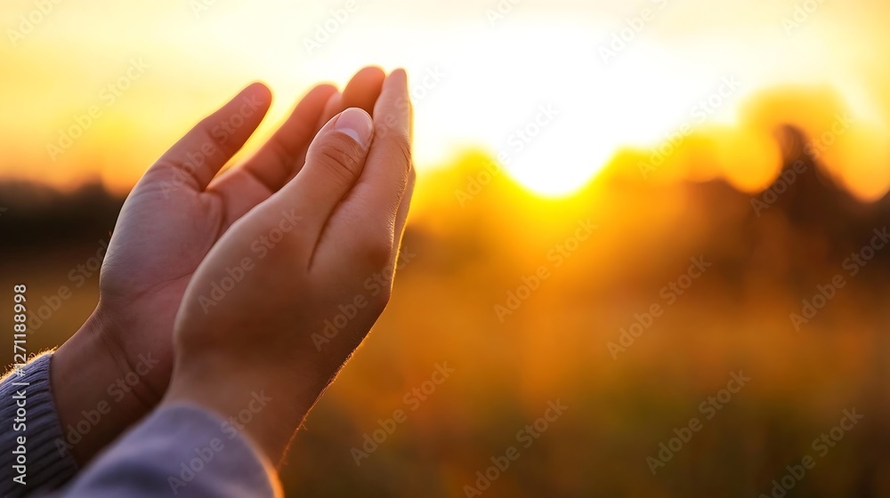 Poster hands reaching towards a beautiful sunset in a serene outdoor setting : generative ai