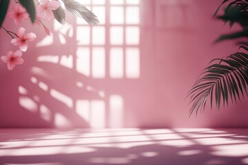 A cozy pink room with a window and fresh flowers inside