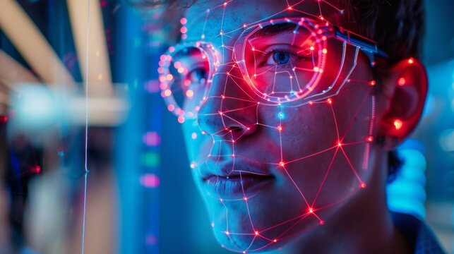 A young individual interacts with advanced facial recognition technology at a tech exhibition. Bright LED lights create a network pattern around their face, showcasing innovation.