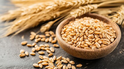 Organic whole grains in a wooden bowl with fresh wheat stalks for healthy eating and nutrition : Generative AI