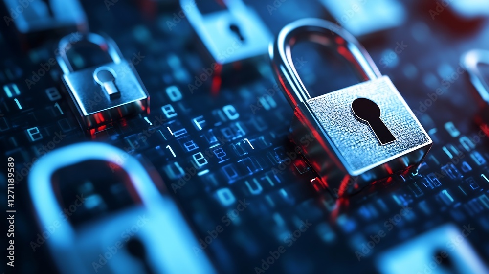 Poster stunning close up view of metallic padlocks on a digital background illustrating cybersecurity and p
