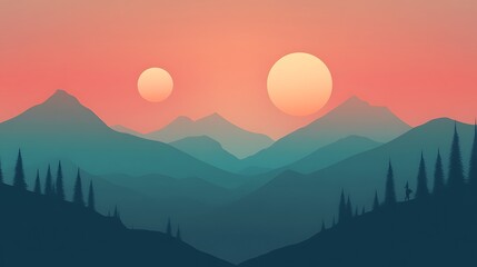 Fototapeta premium Serene Mountain Landscape With Double Sunset