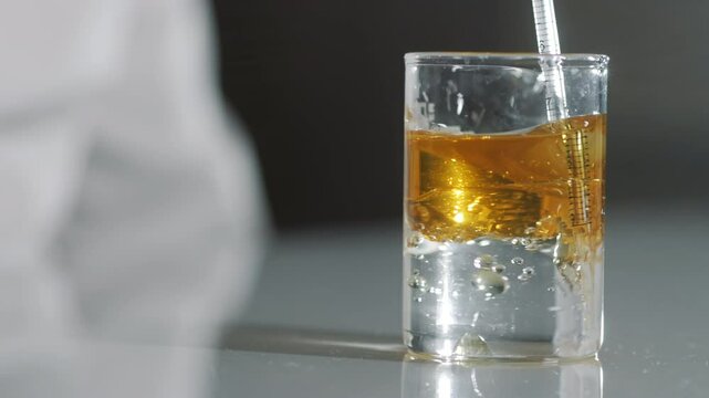 A chemist mixing motor oil or fuel into a test tube with a reagent for quality analysis. Chemical laboratory. Checking the quality of fuel or engine oil.