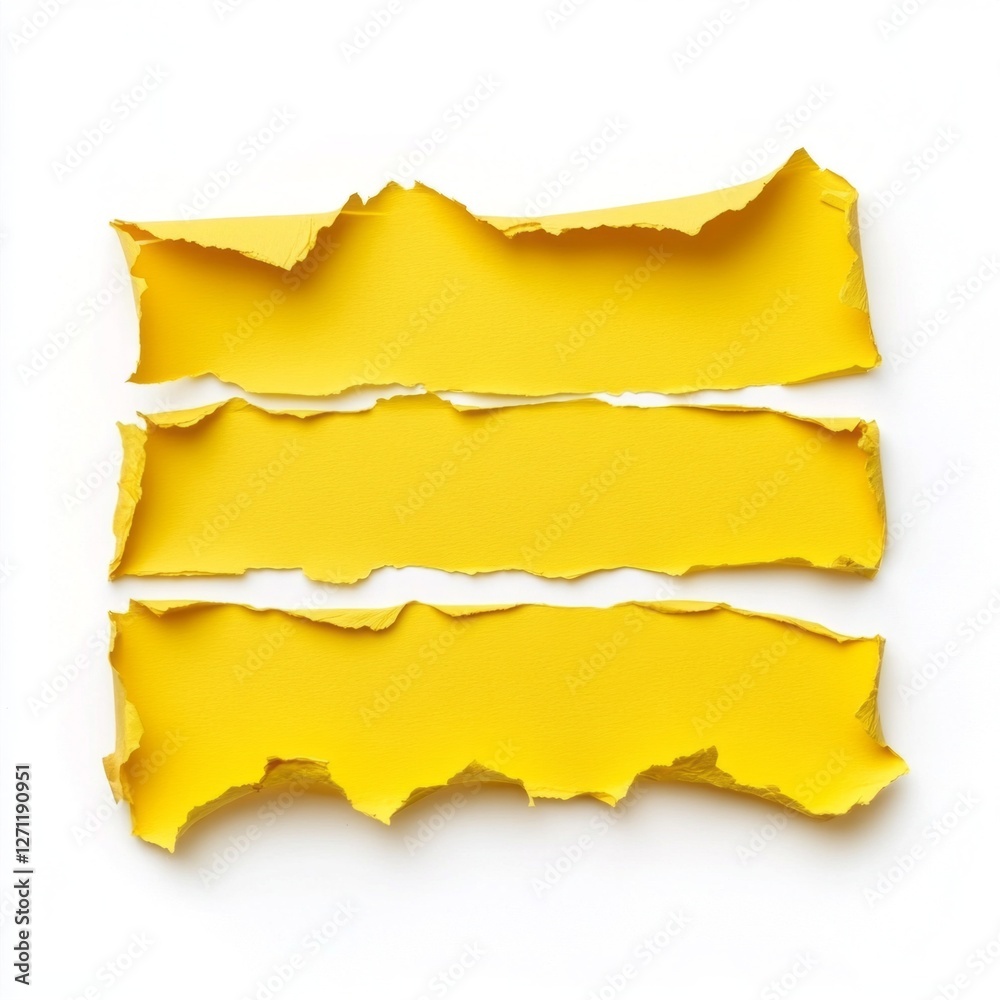 Poster bright yellow strips of ripped paper showcase jagged edges, creating a dynamic contrast against a wh