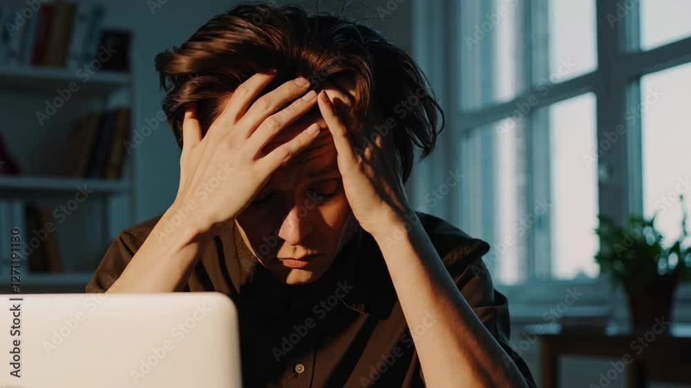 Aufkleber office worker suffering from intense headache, pressing hands against temples while experiencing wor
