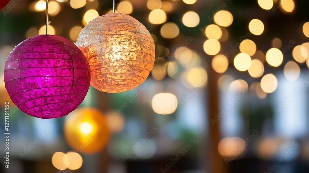 Poster festive colorful paper lanterns illuminated with warm light creating a cheerful atmosphere for celeb