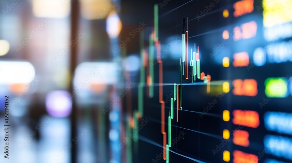 Poster Dynamic stock market data visualization illustrating trends on a digital screen in a modern office : Generative AI