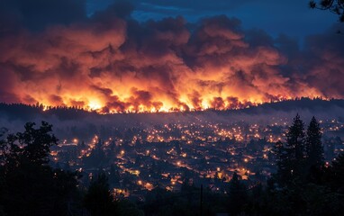 A thick smoke cloud covering an entire city due to a wildfire