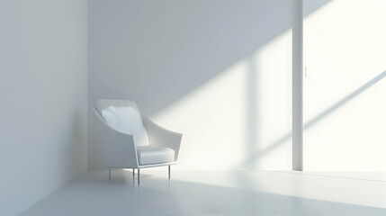 Minimalist interior featuring a modern white armchair in a sunlit room with soft shadows