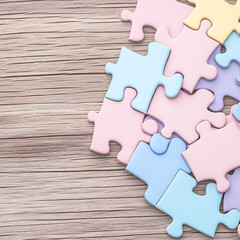 Colorful Puzzle Pieces on a Rustic Wooden Tabletop Representing Problem Solving and Creative Thinking