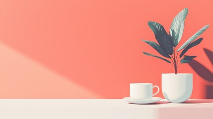 Coral Background Minimalist Plant Coffee Cup Scene
