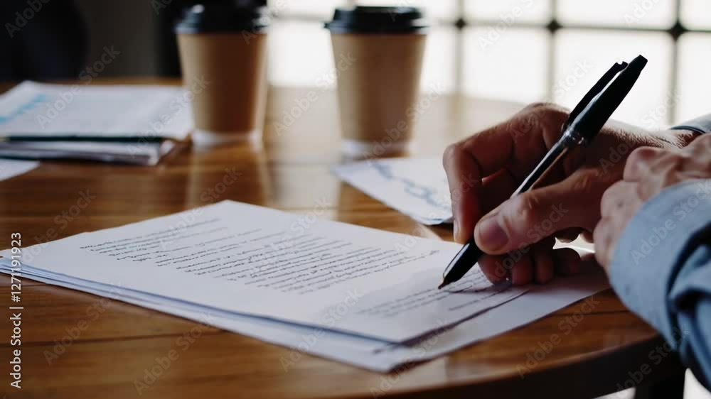 Poster close up slow motion montage of a businessman's hands meticulously reviewing and signing a contract 