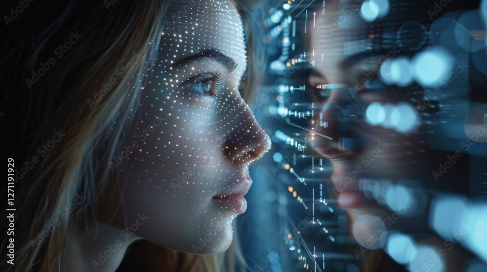 Poster A young woman focuses intently on a glowing digital interface that displays a grid of data points and patterns. The interaction represents the merging of human and technology.