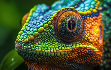 Fototapeta premium A vibrant chameleon textured skin in extreme close up