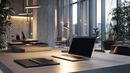 Modern Minimalist Office Workspace with City View - Stylish Interior Design