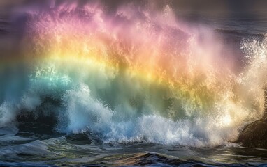 Fototapeta premium A vibrant rainbow forming in the mist of crashing ocean waves