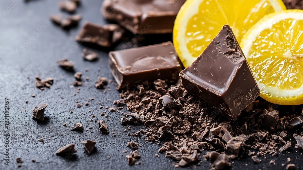 Poster A stylish arrangement of dark chocolate pieces and fresh lemon slices creating a contrast on a dark background : Generative AI