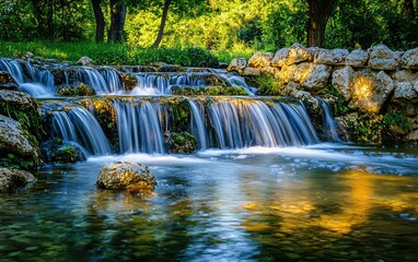 Obraz premium A waterfall with multiple streams, flowing into a serene lake