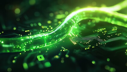 Glowing Fiber Optics Cable Flows on Circuit Board, Illuminating Technology's Future Brilliantly