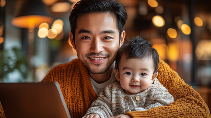 Portrait of happy asian father and son looking at camera while using laptop in cafe