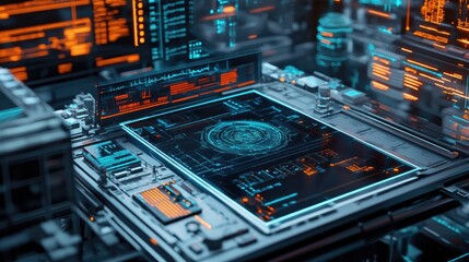 Futuristic computer interface with digital data processing and analysis