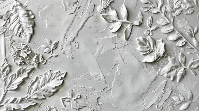 Artist showcases unique plasterwork, featuring intricate leaf patterns and textures on a neutral background, highlighting craftsmanship