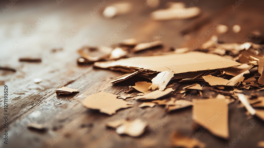 Poster Close up of scattered wooden shavings on a rustic workbench surface depicting a crafting environment : Generative AI