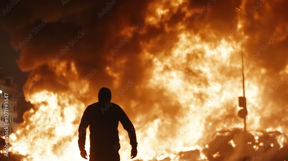 Aufkleber intense fire flames with silhouette of a person in the foreground creating a dramatic scene : genera