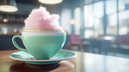 Coffee latte in matte mint ceramic cup, topped with a delicate pink cotton candy cloud
