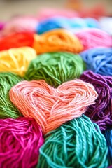 Colorful Yarn Bundles Arranged in Heart Shape on Soft Background
