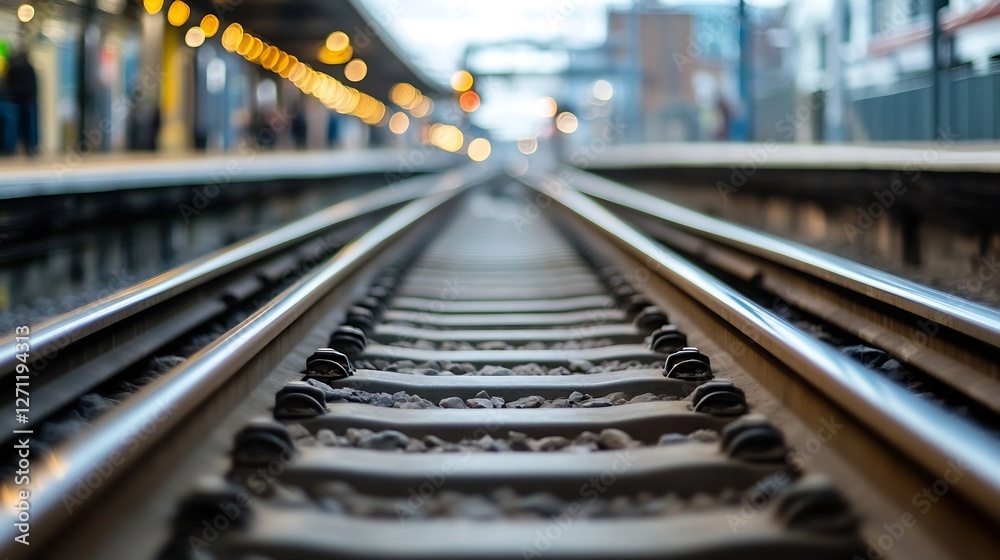 Poster Closeup view of railway tracks leading into a busy urban station : Generative AI