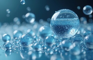 A lot of clear blue hyaluronic acid bubbles and spheres. Water molecule atoms float hydration liquid. Skincare beauty product cosmetic background for spa treatment, rejuvenation, wellness.