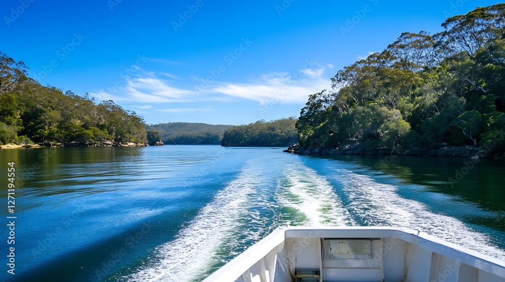 Poster a serene scene of a quiet river cruise surrounded by lush greenery and bright blue skies in a tranqu