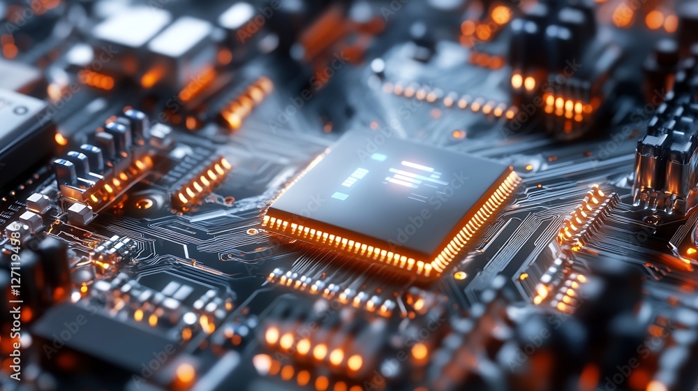 Aufkleber close up view of a modern microchip on a digital circuit board with glowing lights : generative ai