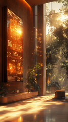 Obraz premium A luxury hotel reception with a floating AI chatbot screen displaying premium offers