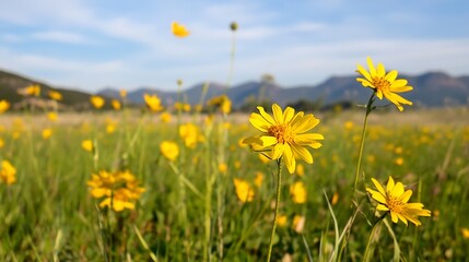 Fototapeta premium Vibrant yellow wildflowers blossoming in a lush green meadow under a bright blue sky : Generative AI