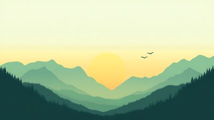 Fototapeta premium Serene Sunset Over Verdant Mountain Ranges And Forest