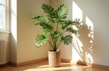 Fototapeta premium Sunlit parlor palm plant in cozy room corner. Natural light through window create shadows on wall. Indoor home decor, houseplant in basket pot on wooden floor. Calmness, comfort, minimalist design,