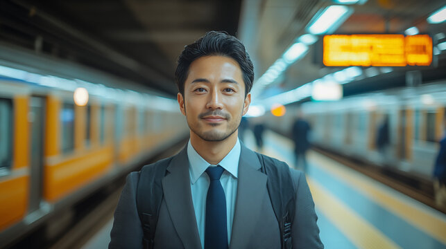 Portrait of handsome asian businessman at train station. Business travel concept.