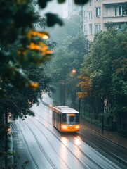 Obraz premium City Tram on a Rainy Day with Lush Greenery 