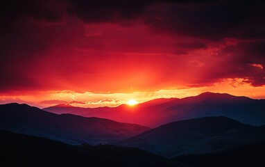 Fototapeta premium Fiery red and orange sunset over a mountain range