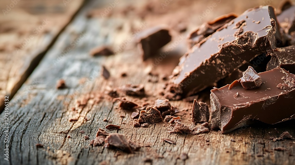 Poster richly textured dark chocolate pieces scattered on rustic wooden surface : generative ai