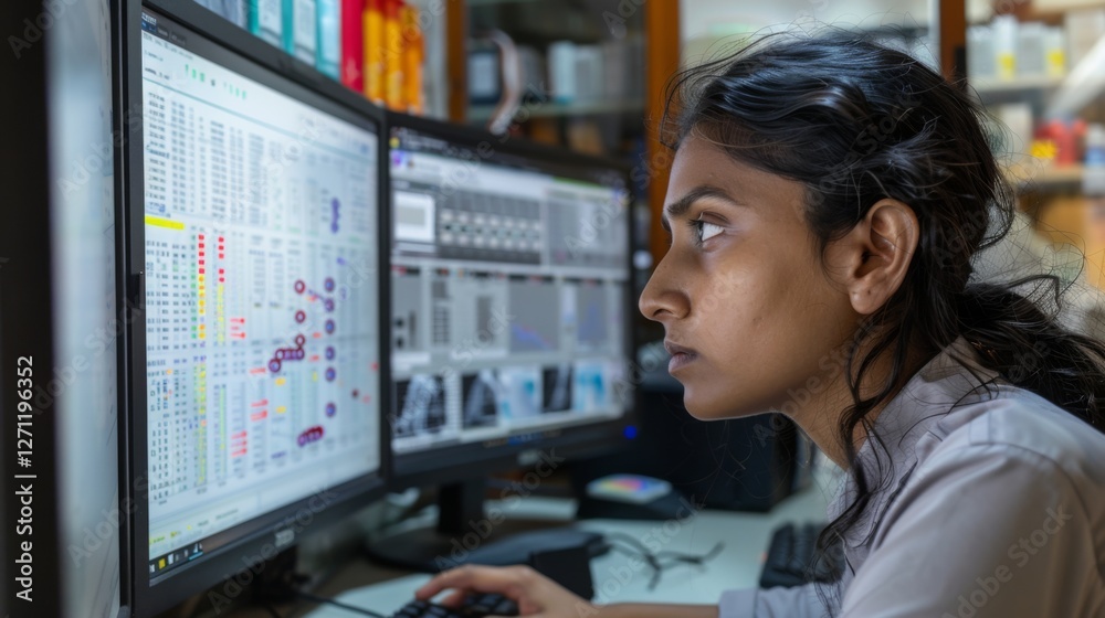 Fototapete a researcher diligently examines intricate data visualizations and statistics displayed on two compu