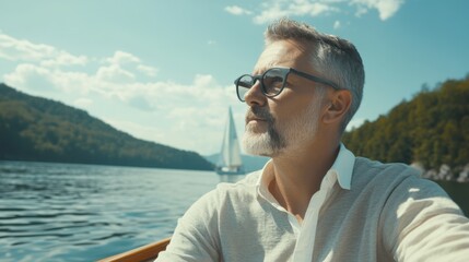 Myopia prevention with a man wearing glasses sailing on a boat. Wellness, fitness, and eye protection