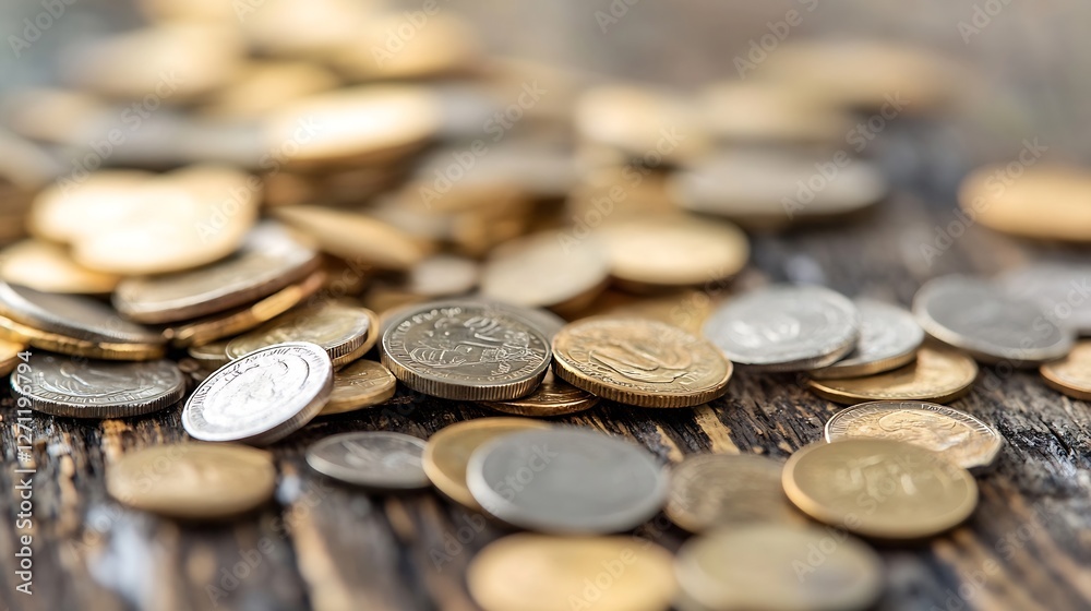Poster various coins scattered on a wooden surface create a sense of abundance and financial freedom : gene
