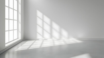 Fototapeta premium Bright and minimalist interior space with large windows casting shadows on the floor
