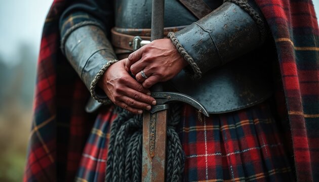 Close up of Scottish Highlander warrior with claymore sword. Traditional tartan kilt red and green. Medieval armor, ring on finger, ancient battle ready. Scotland heritage, culture.